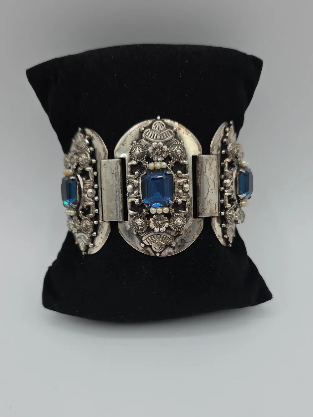 Vintage Silver Bracelet with Blue Gemstone Accents
